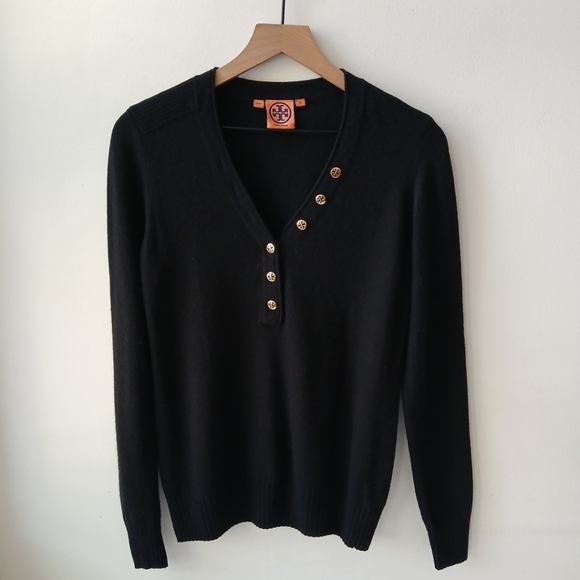 Tory Burch Sweaters - Tory Burch Henley Sweater Black Gold Button Wool Cashmere Blend Women's Medium